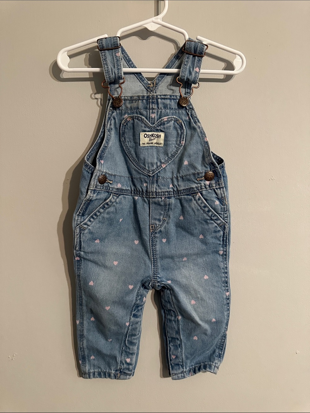 OshKosh B'gosh Light Blue Denim Overalls with Pink Heart Accents